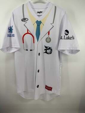 Duluth Huskies Rawlings Game Used St. Luke's Doctor Lab Coat Theme Jersey Size L